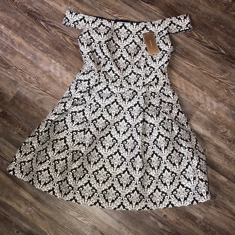 NEVER WORN Black and White Off the Shoulder Dress